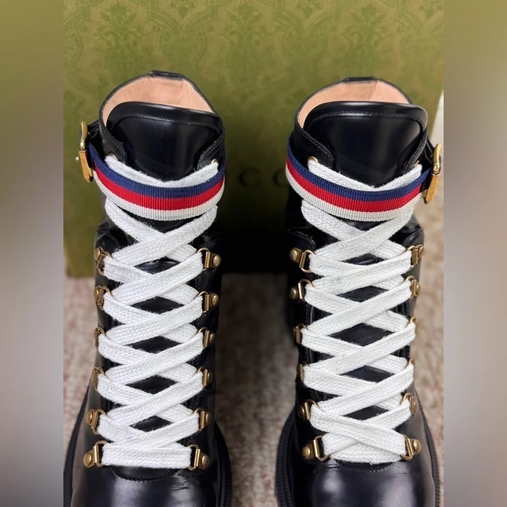 Gucci Sylvie Web Womens Lace Up Calfskin Leather Black Combat Boots Size 39. - Picture 5 of 11